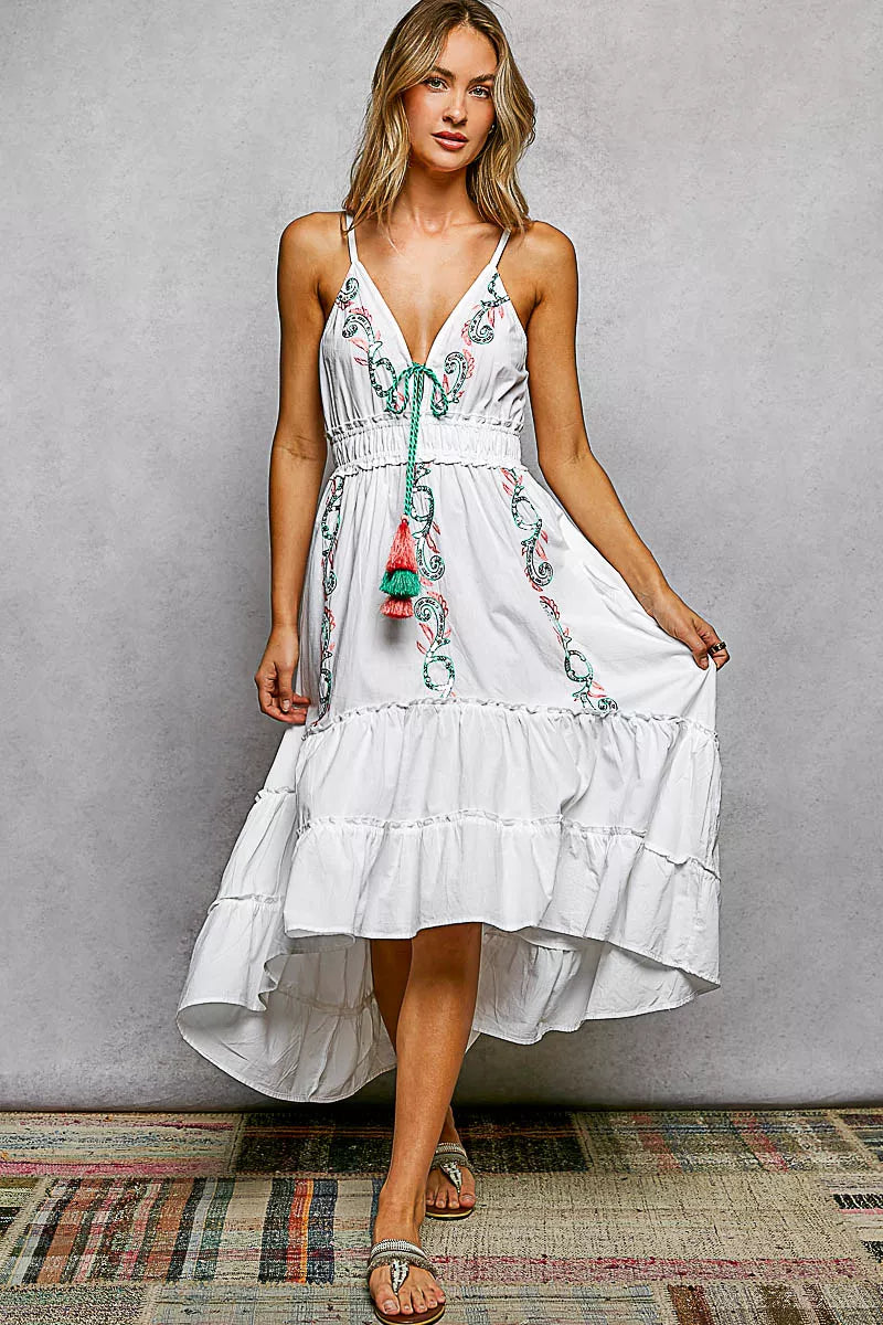 POL Embroidered Detail Tassel Tie Smocked Waist Midi Tiered Cami Dress-0