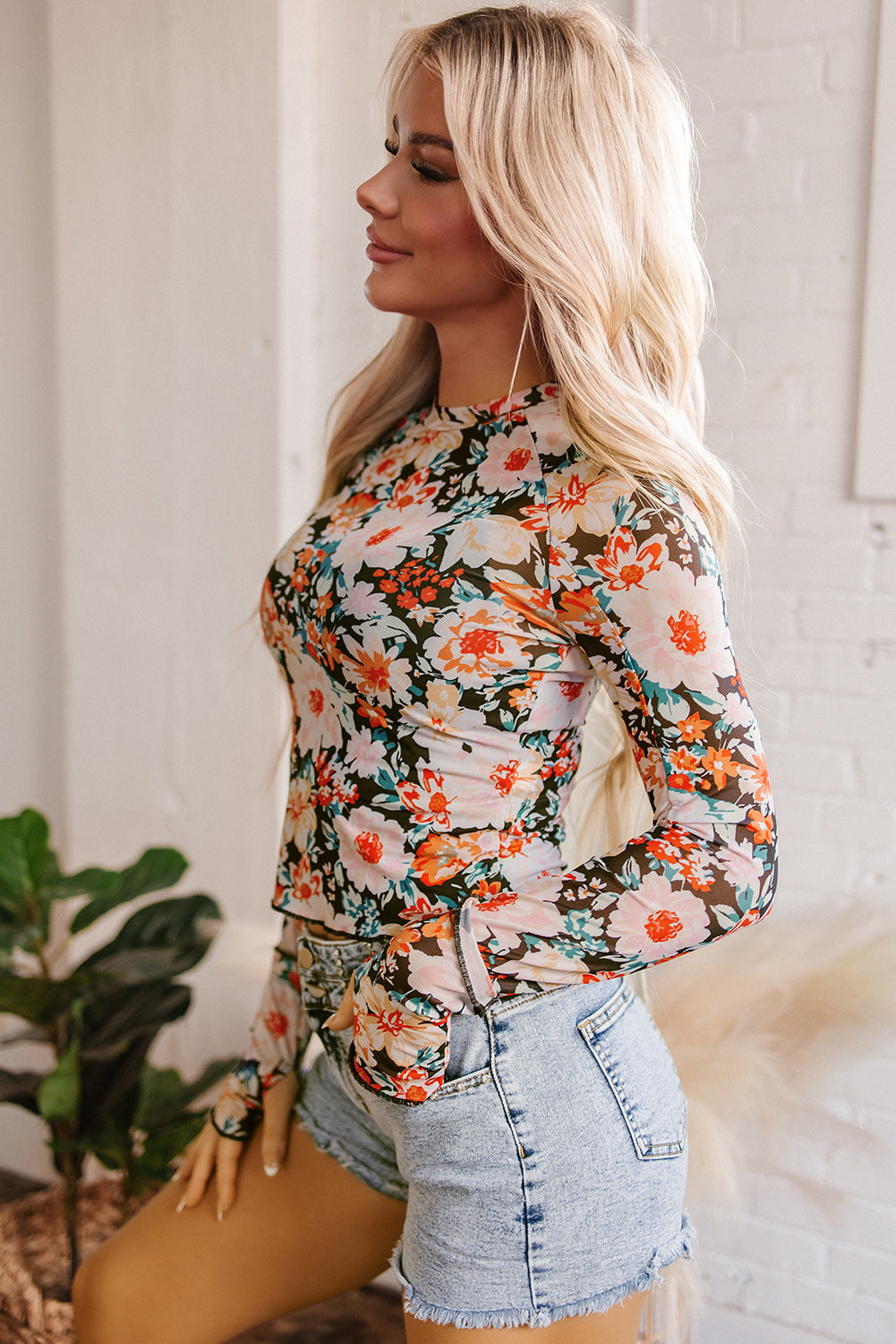 Orange Floral Mesh Slim Long Sleeve Crop Top