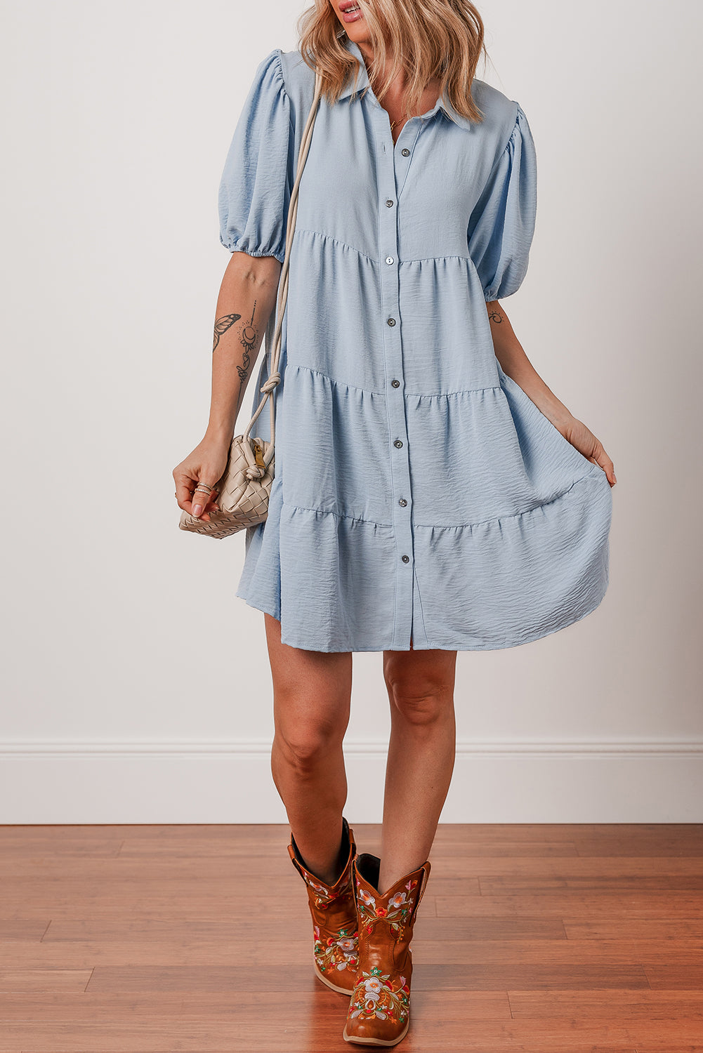 Arya Shirt Collar Button Up Puff Sleeve Tiered Dress-0