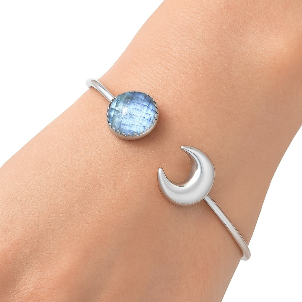 Premium Crescent Moon - Rainbow Moonstone Cuff Bangle Bracelet B-1046 26-EB10129-0