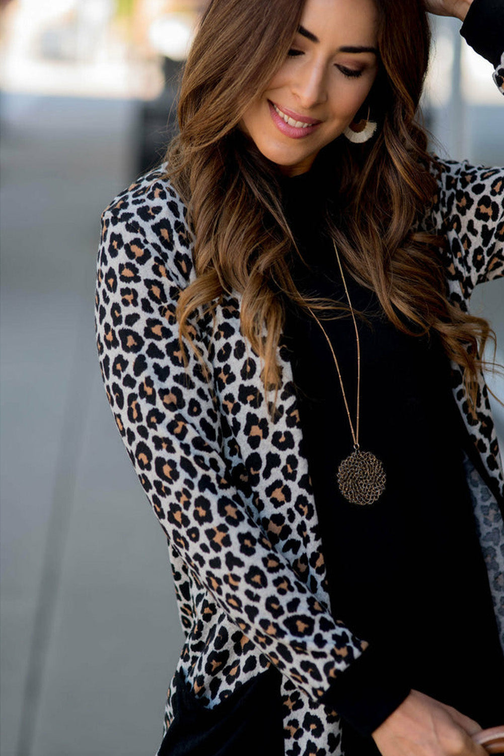 Black Leopard Patched Pocket Open Front Cardigan