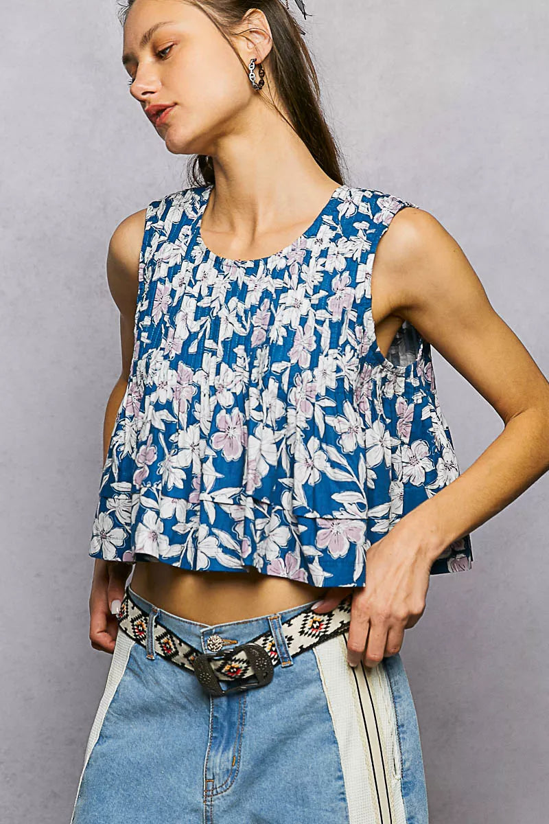 POL Floral Round Neck Cropped Pintuck Tank-2