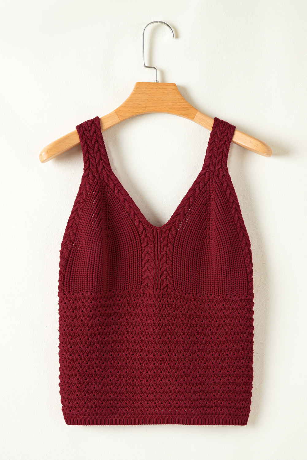 Burgundy Cable Knit Pointelle Slim Fit V Neck Sweater Vest