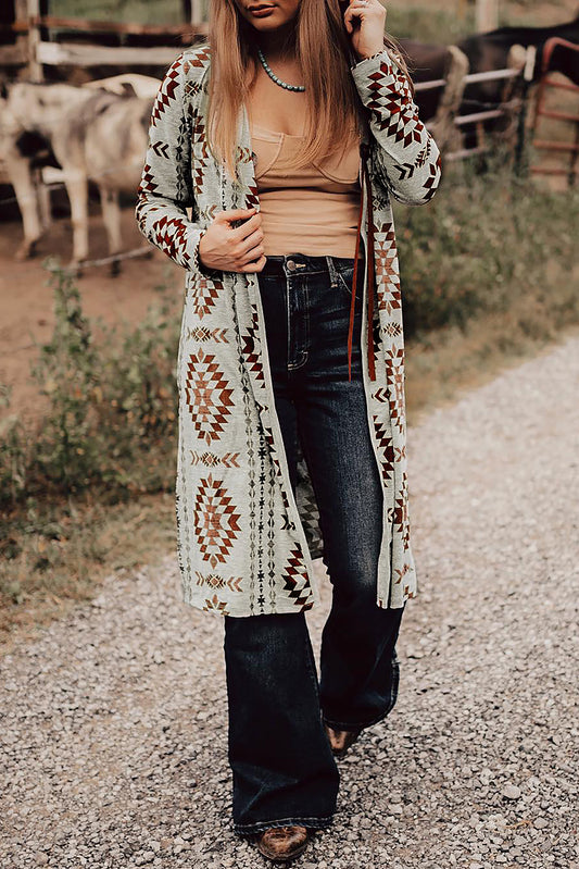 Brown Western Aztec Printed Open Front Long Cardigan