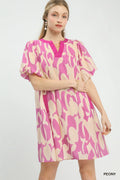 Umgee Abstract Print Puff Sleeve Shift Dress-0