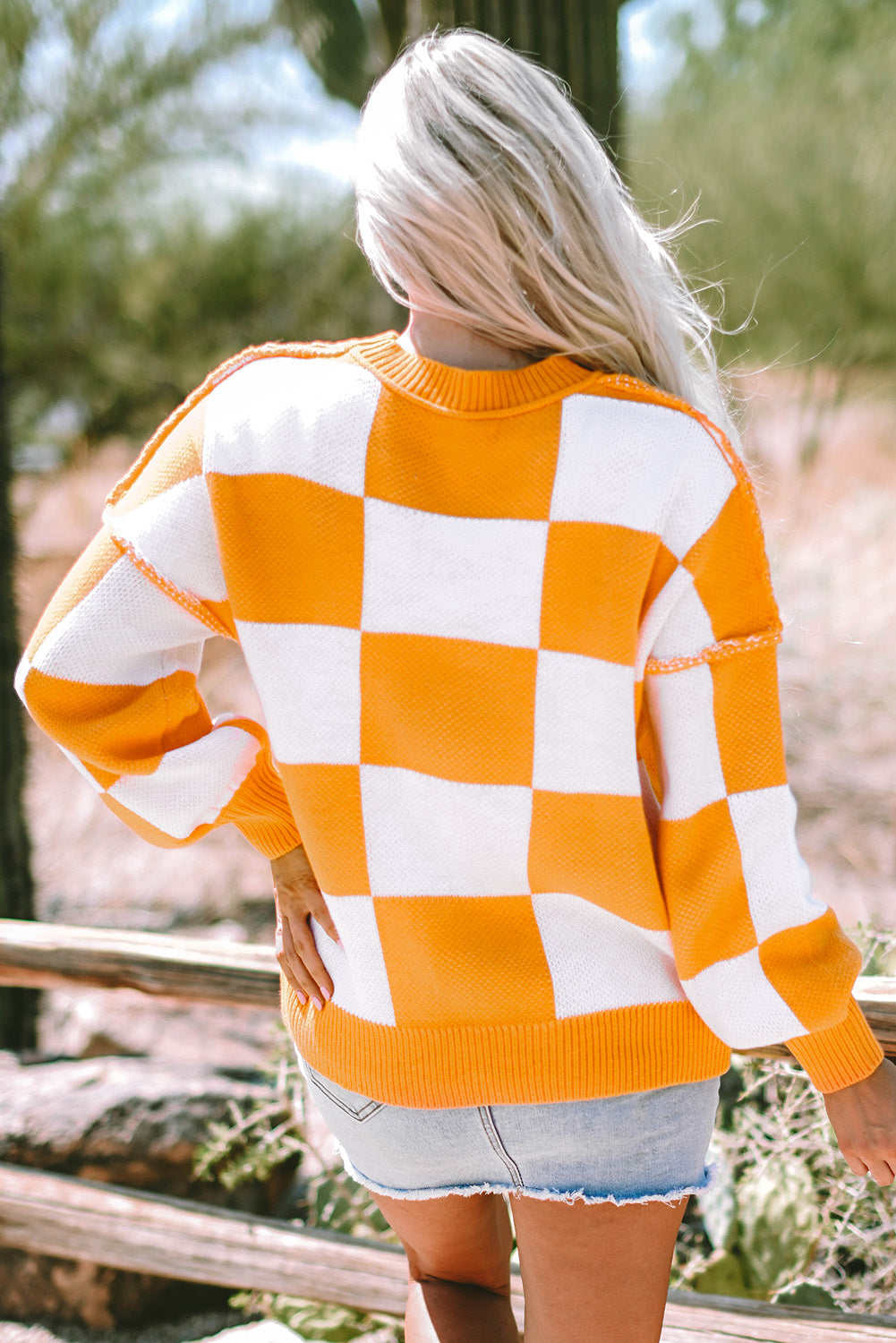 Ashley Checkered Bishop Sleeve Sweater-1