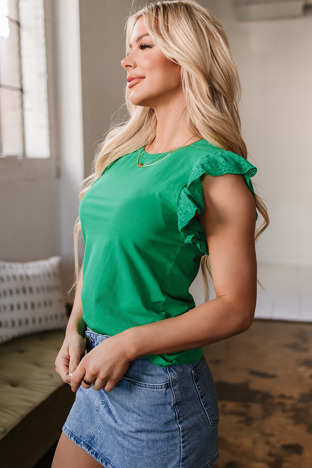 Nellie Embroidered Ruffled Sleeve Slim Fit Crew Neck Top-4