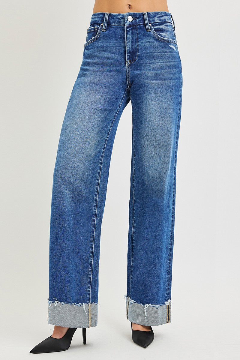 RISEN High Rise Wide Leg Jeans With Cuffed Hem-1