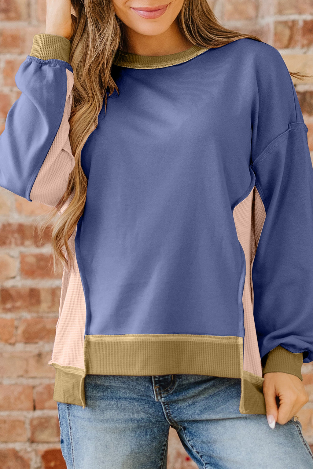 Alaina Waffle Patchwork Oversize Sweatshirt-2
