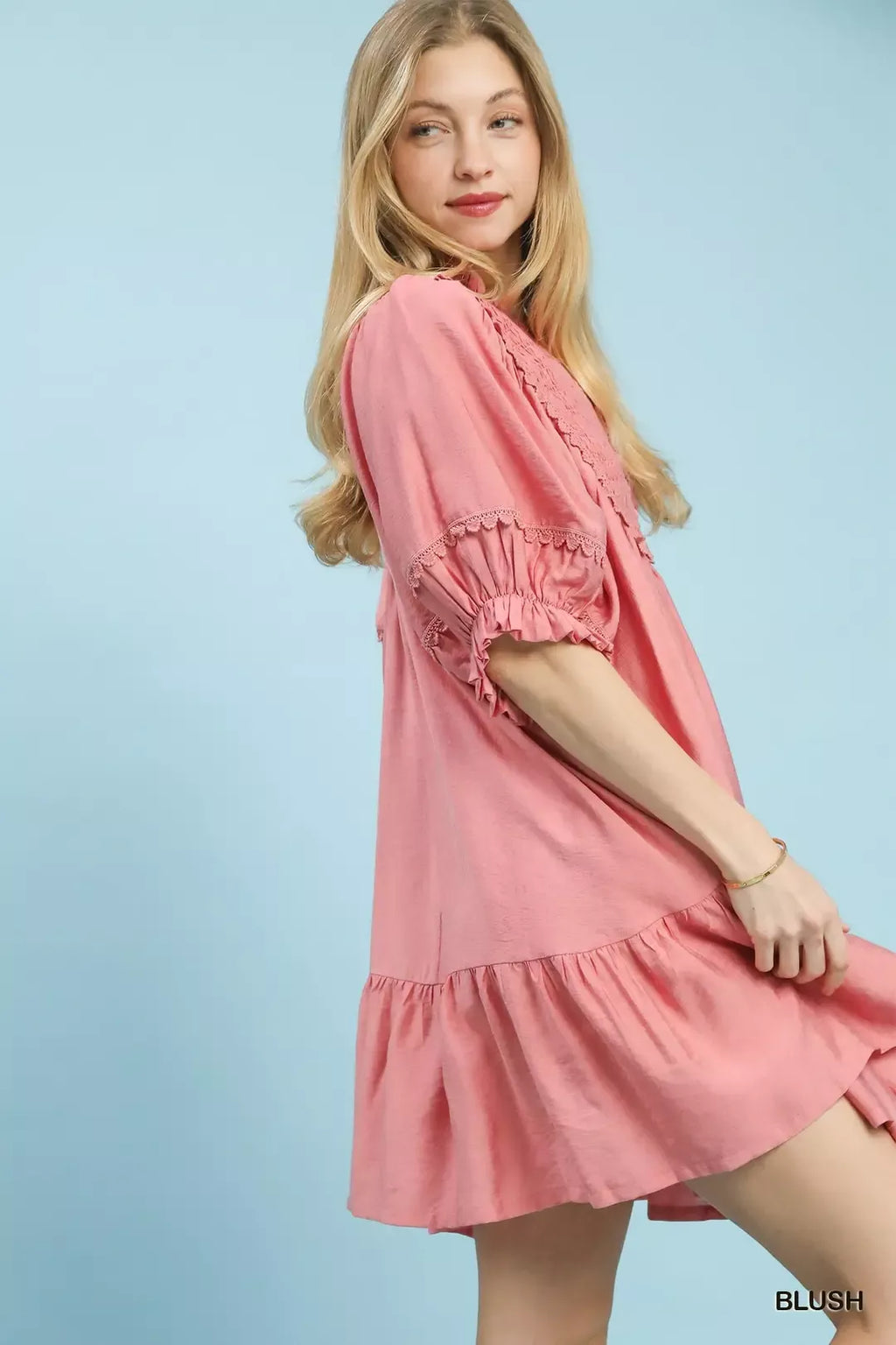 Umgee Smocked Bib Ruffle Hem Babydoll Dress-1