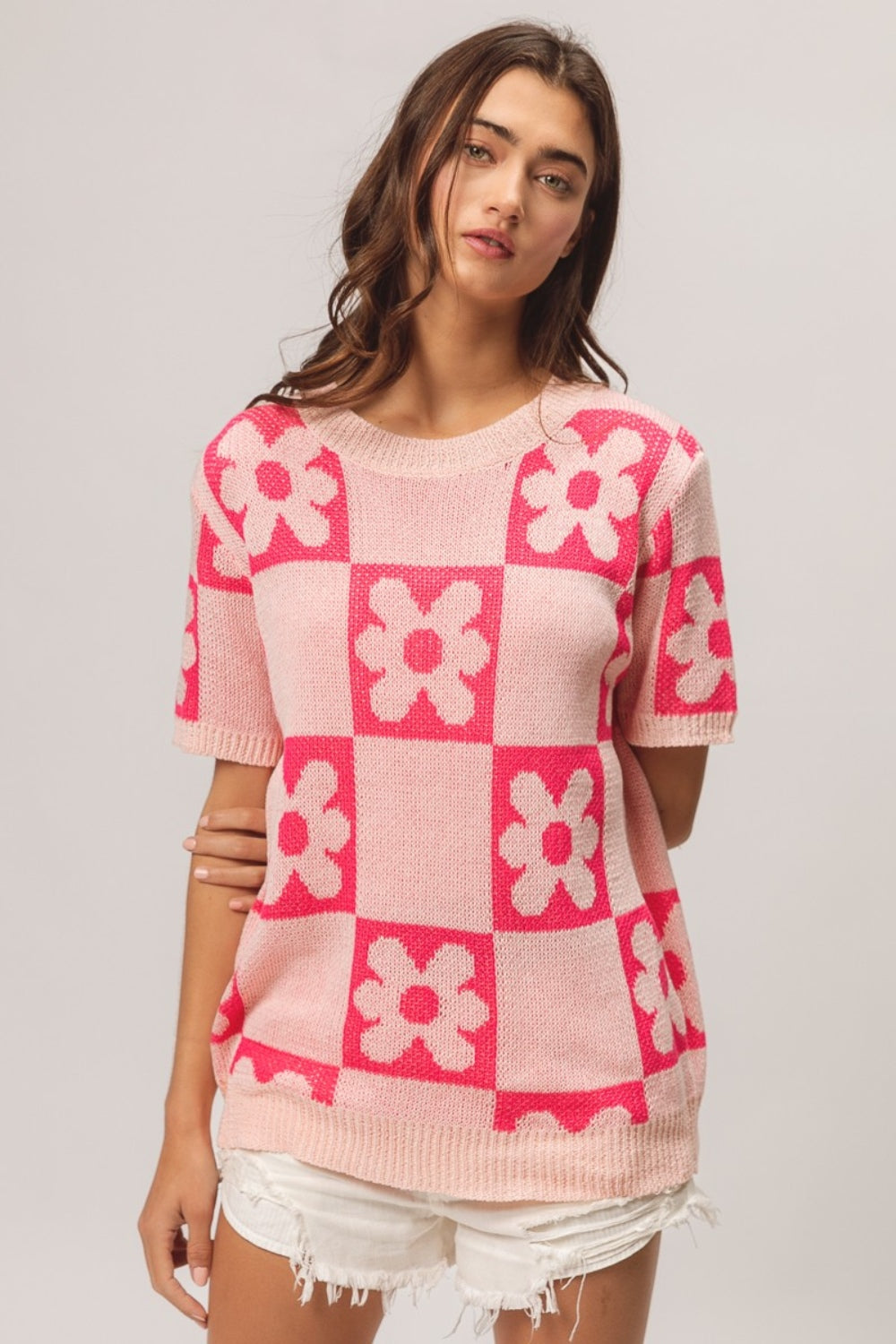 BiBi Flower Checker Pattern Short Sleeve Sweater-3