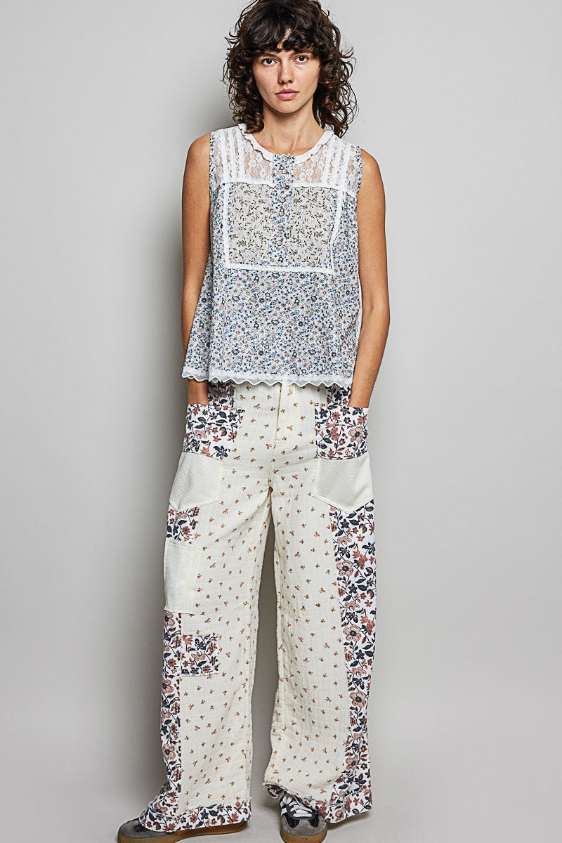 POL Printed Woven Lace Back Round Neck Sleeveless Top-4