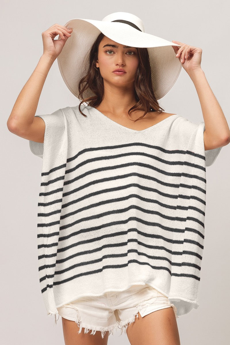 BiBi V Neck Striped Short Sleeve Top-0