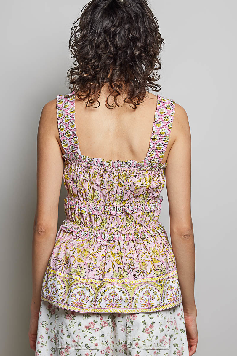 POL Smocked Printed Square Neck Peplum Tank with Ruffle Trim-3