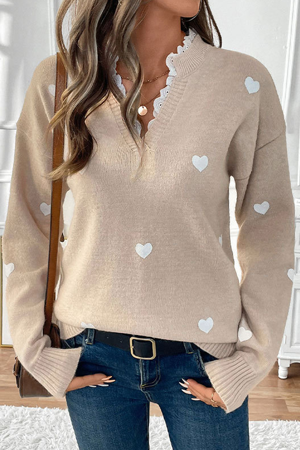 Smoke Gray Heart Print Lace Splicing V Neck Valentines Sweater