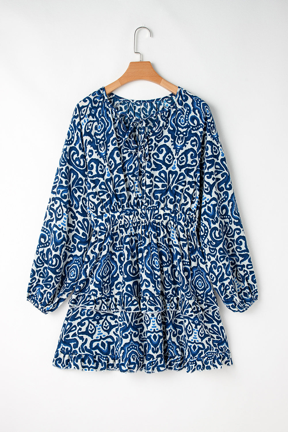 Blue Vintage Print Lace up V Neck Long Sleeve Mini Dress