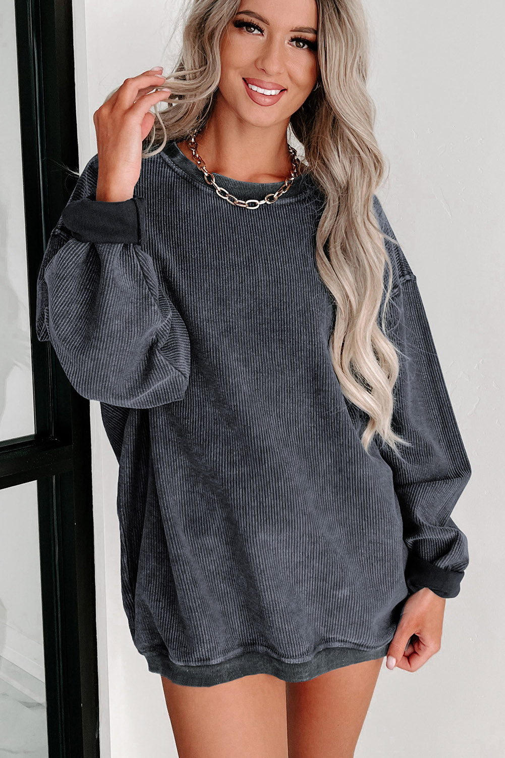 Gray Solid Ribbed Knit Round Neck Pullover Sweatshirt