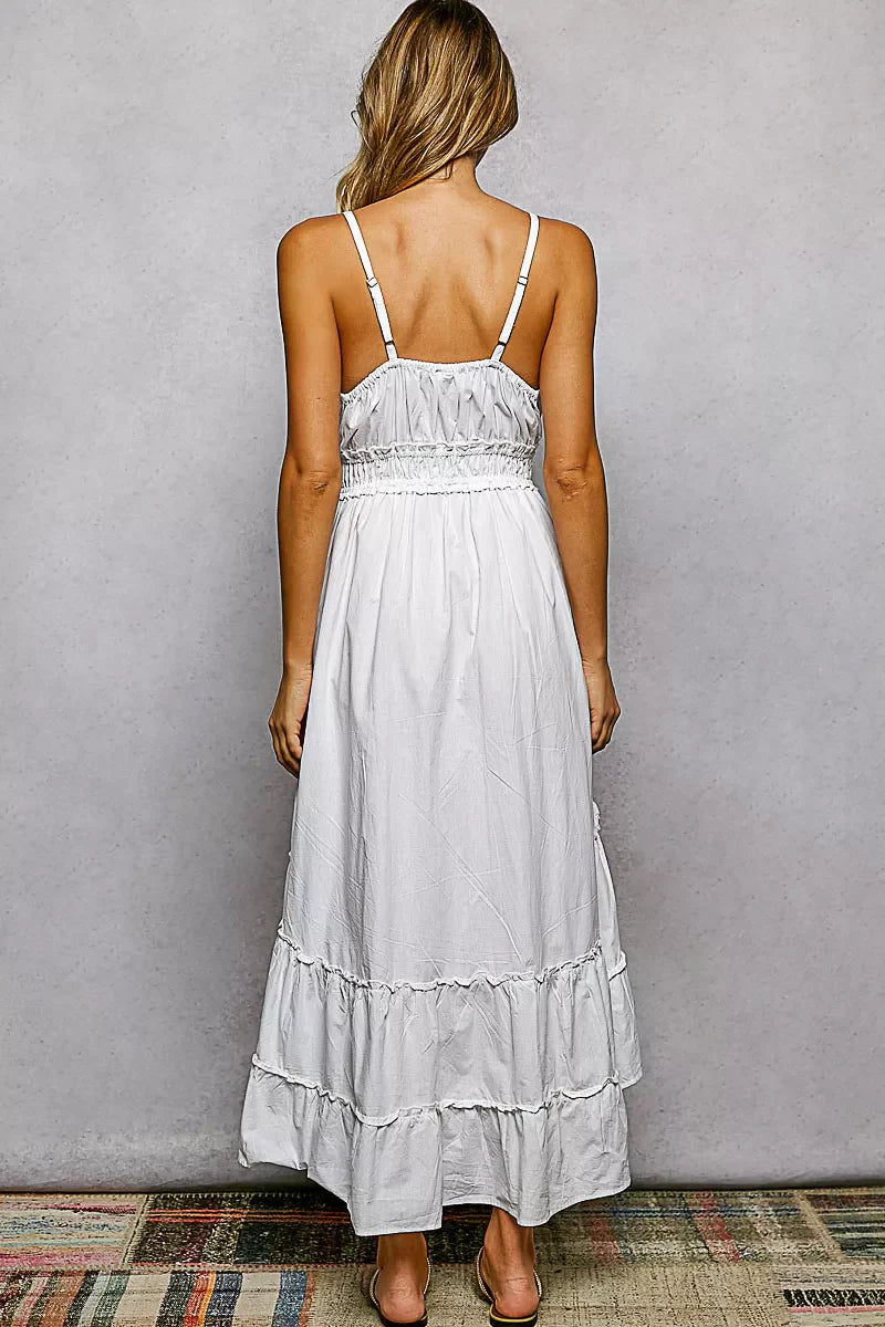 POL Embroidered Detail Tassel Tie Smocked Waist Midi Tiered Cami Dress-4