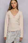 POL V-Neck Long Sleeve Ribbed Top with Lace-Accent Neckband-0