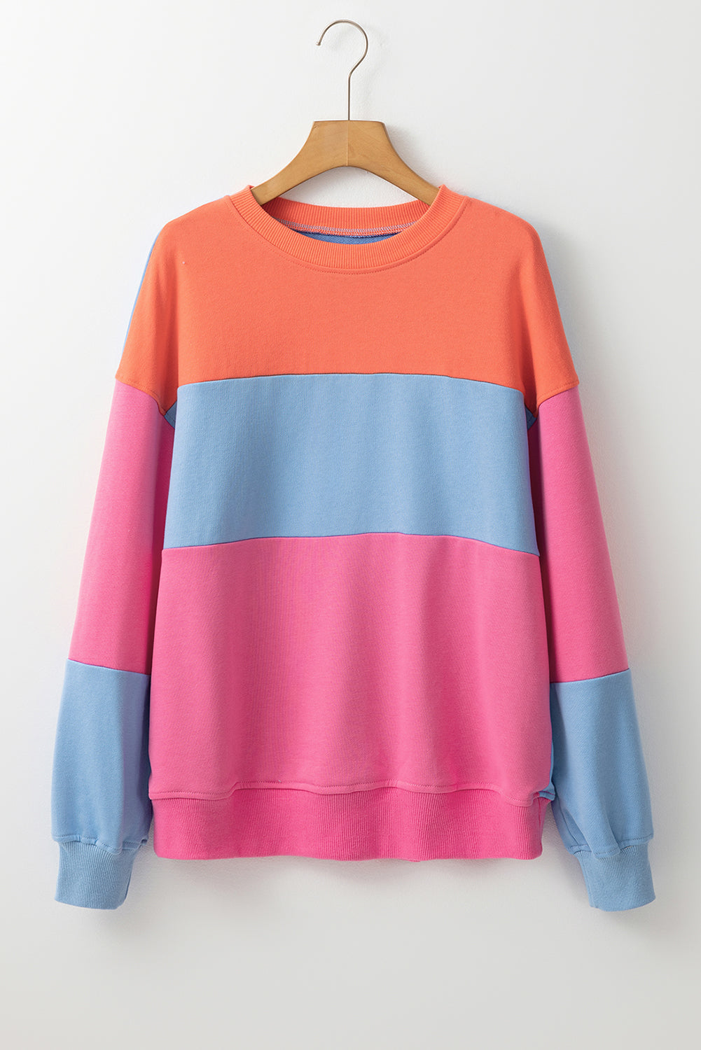 Bright Pink Colorblock Patchwork Drop Shoulder Sweatshirt