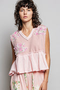 POL Floral Patch Ruffled Sleeveless Top with Raw Edge Detail-0