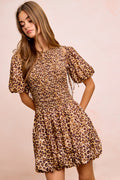 BiBi Leopard Bow Tie Attachable Puff Sleeves Dress-0