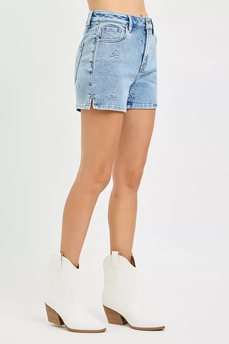 RISEN High Rise Denim Shorts with Embroidered Detail-3