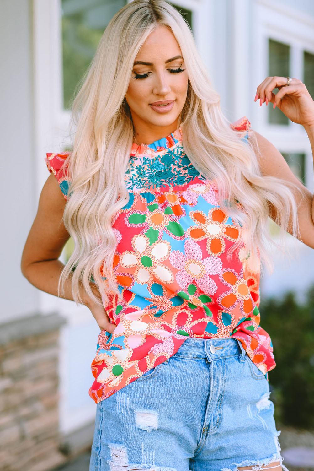 Pink Embroidered Detail Floral Print Ruffle Trim Tank Top