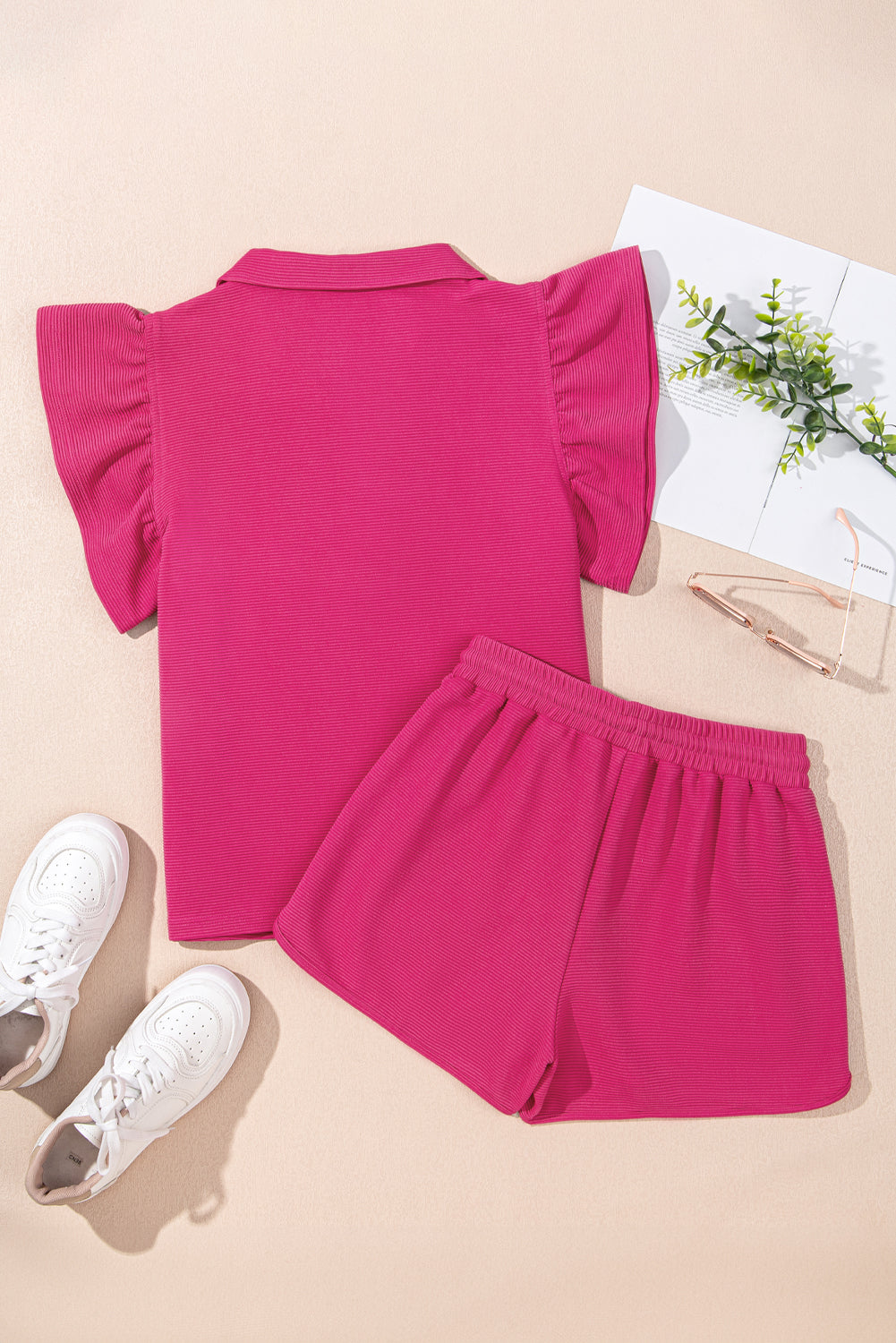 Sol Striped Detail Flutter Sleeve Zipped Collar Short Set-3