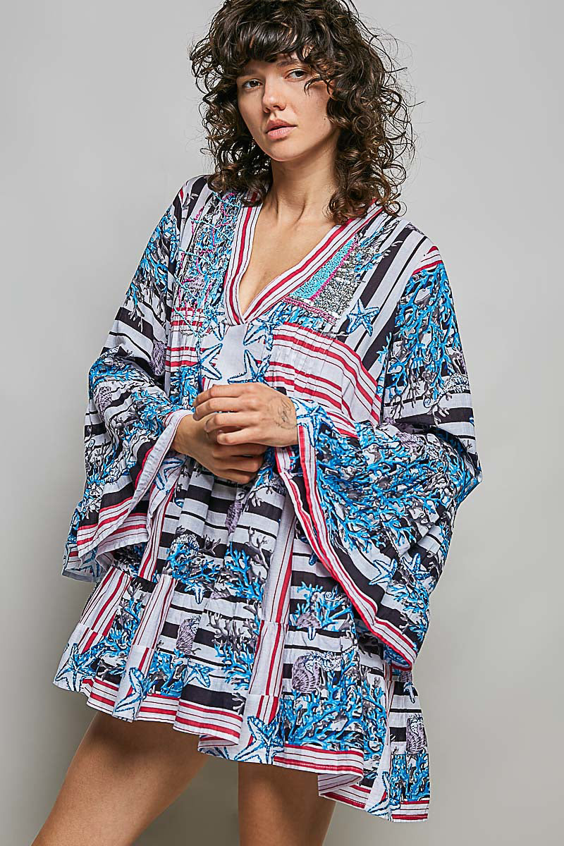 POL Striped Floral Long Sleeve Mini Dress with Pintuck Detail-2