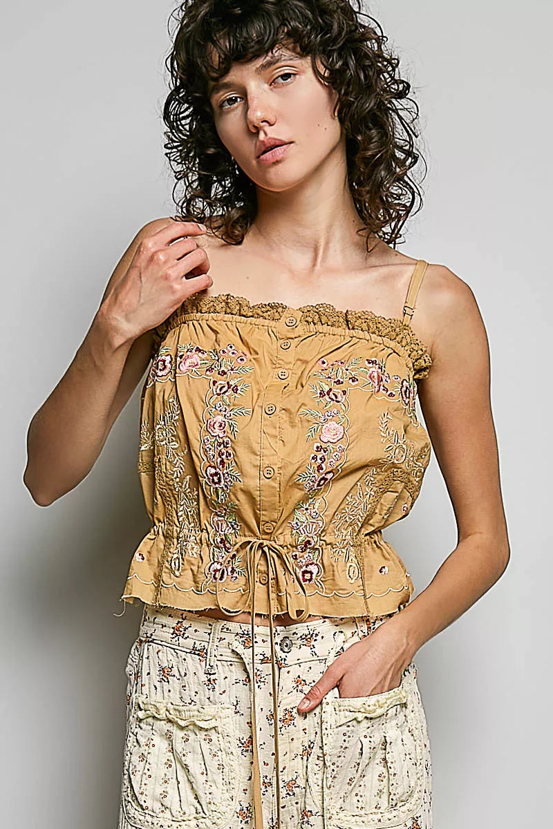 POL Button Down Floral Embroidered Cropped Cami with Lace Detail-1