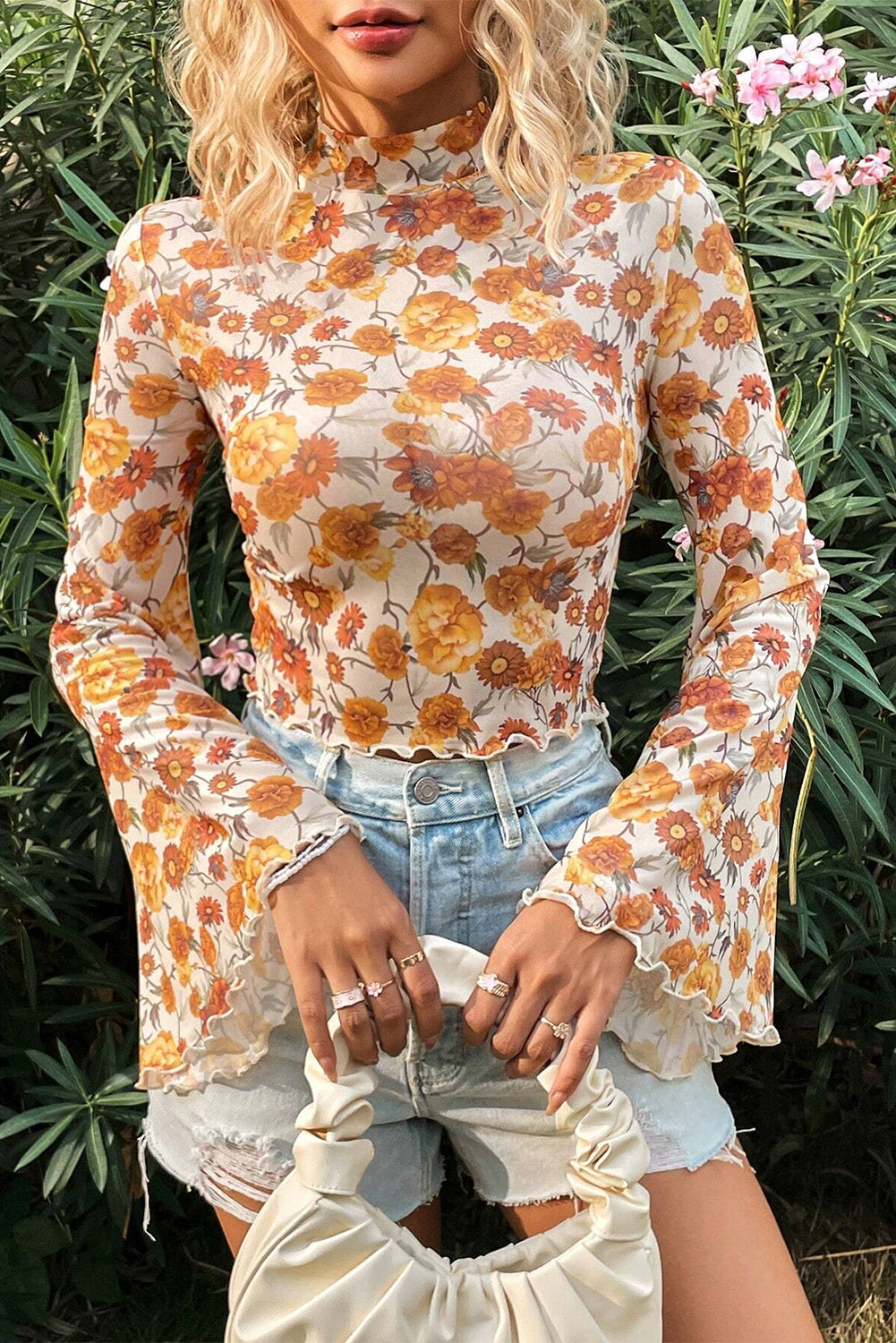 Orange Floral Printed Bell Sleeve Mock Neck Scallop Trim Blouse