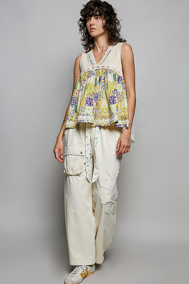 POL Floral V-Neck Sheer Tank with Lace Trim-4