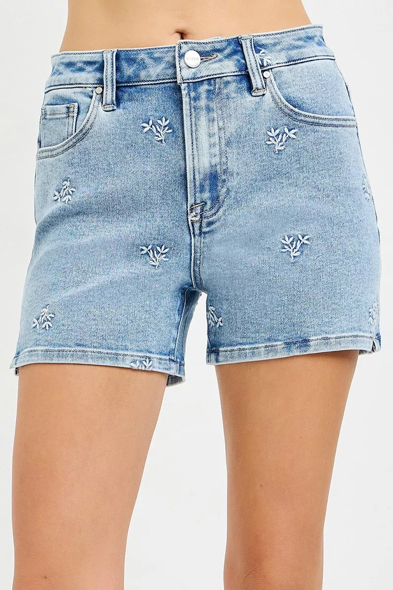 RISEN High Rise Denim Shorts with Embroidered Detail-0