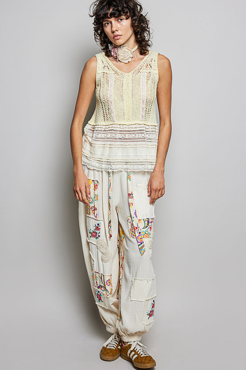 POL V-Neck Crochet Sweater Vest with Lace Trim-4