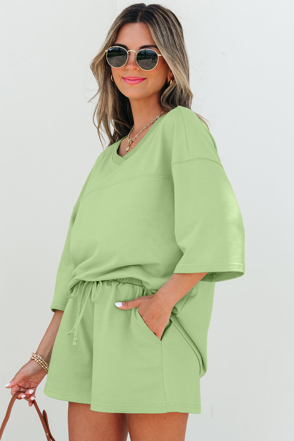 Emmeline Loose V Neck Half Sleeve Tee and Shorts-2