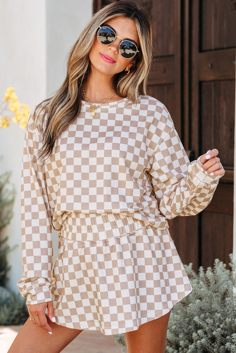 Emily Checkered Long Sleeve High Waist Skort 2pcs Set-4