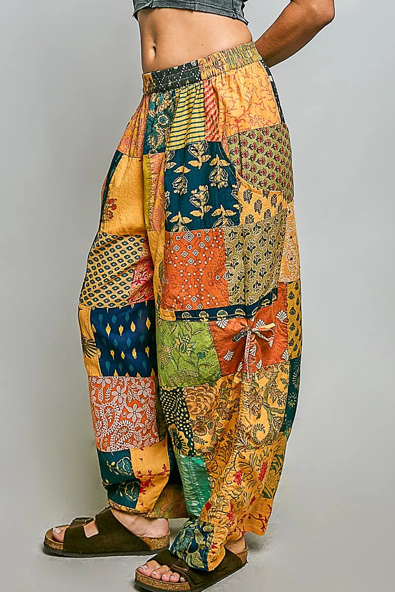 POL Printed Patchwork Wide Leg Pants with Adjustable Side Drawstring-1