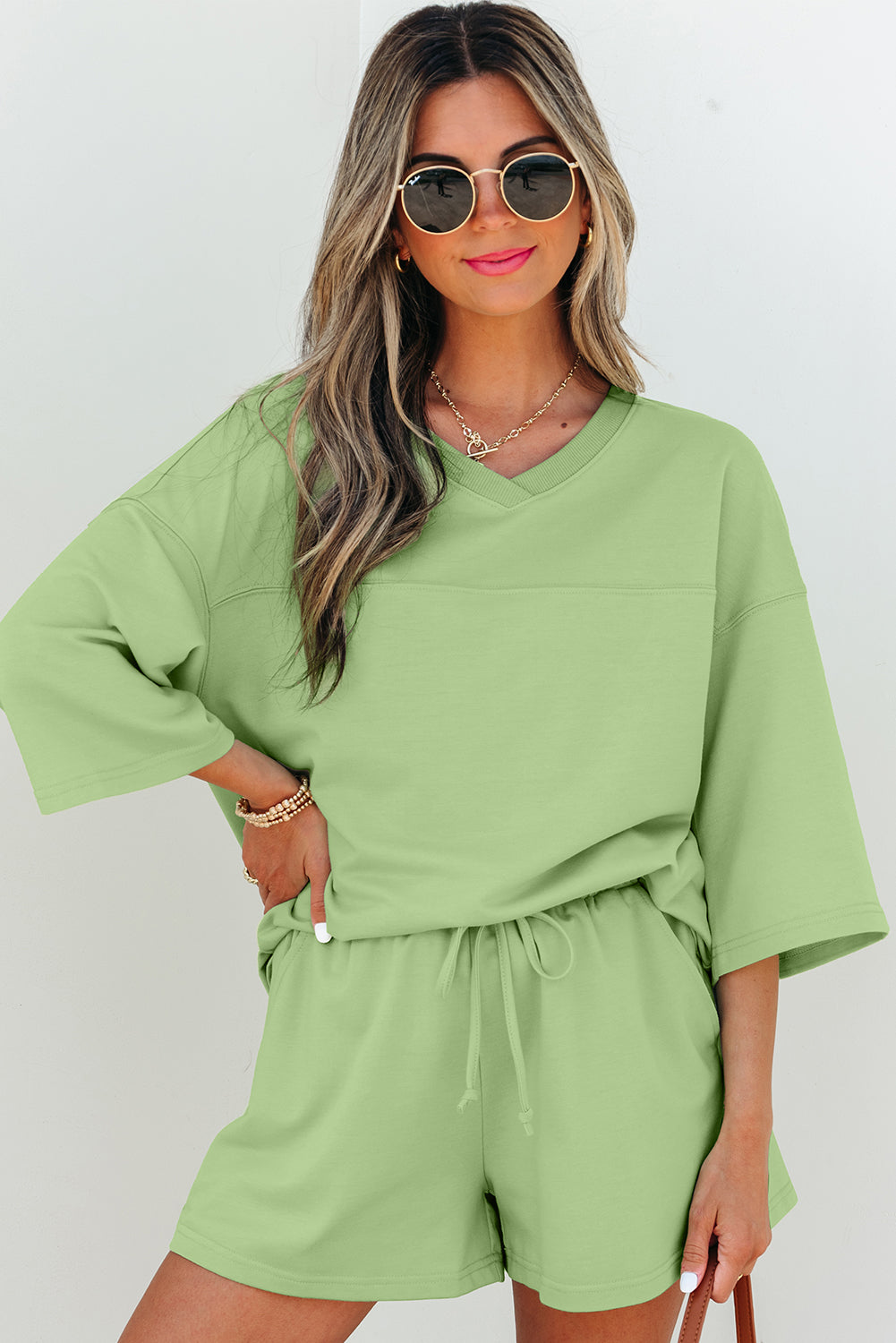 Emmeline Loose V Neck Half Sleeve Tee and Shorts-0