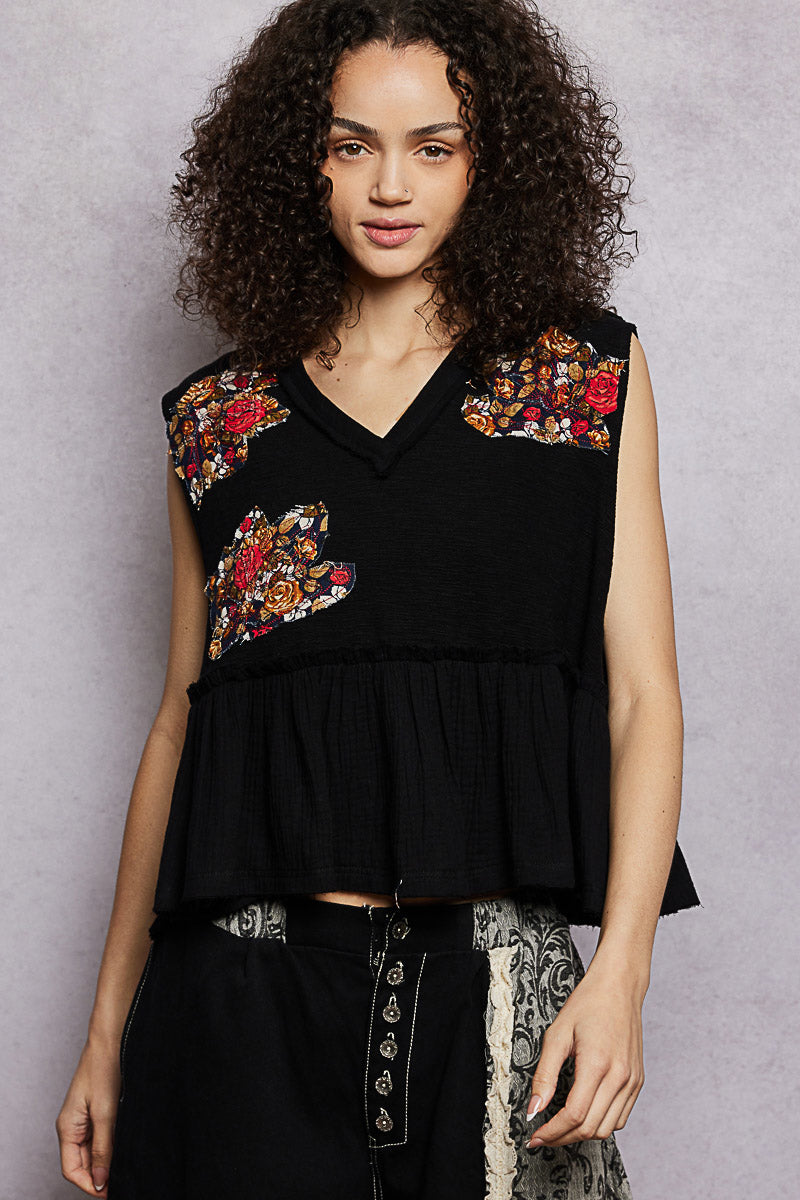 POL Floral Patch Ruffled Sleeveless Top with Raw Edge Detail-1