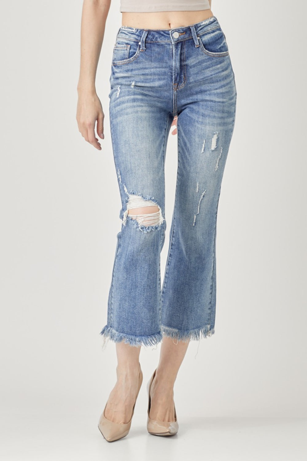 RISEN High Waist Distressed Cropped Bootcut Jeans-0
