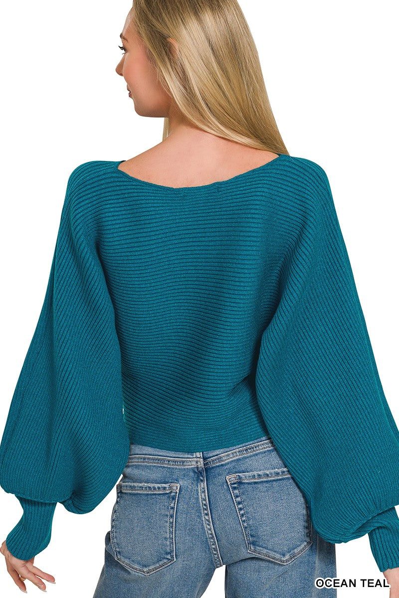 Zenana Boat Neck Balloon Sleeve Sweater-2