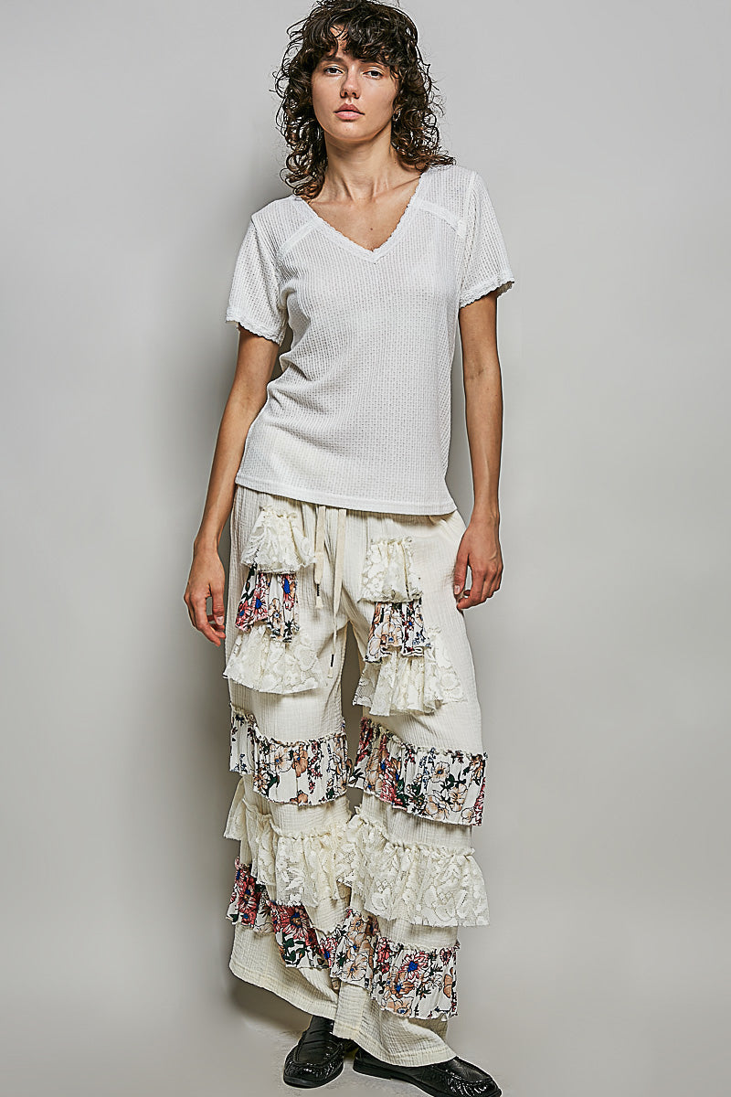 POL Lace Detail V-Neck Short Sleeve Textured T-Shirt-4