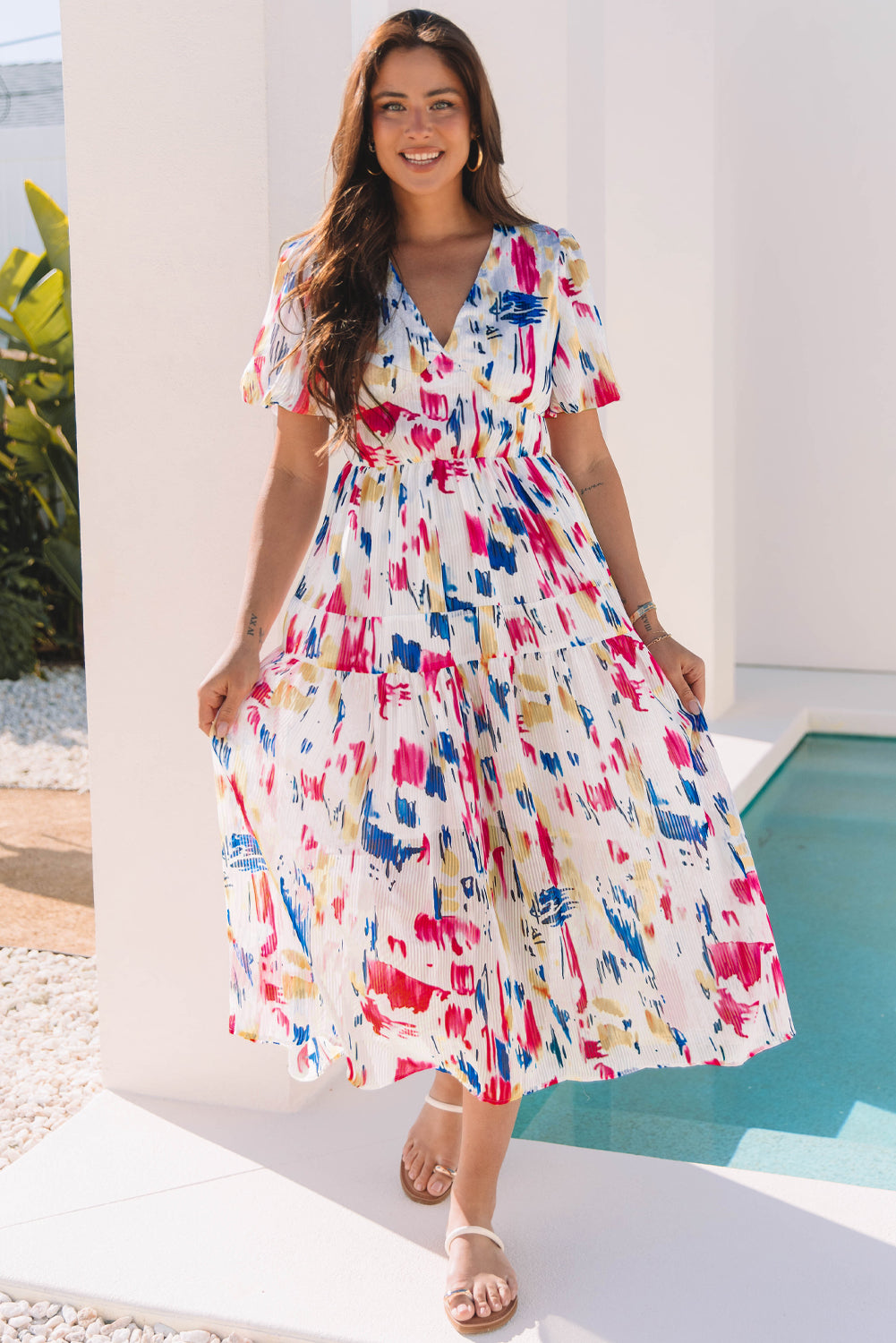 Nyomi Short Puff Sleeve Tiered Maxi Dress-0