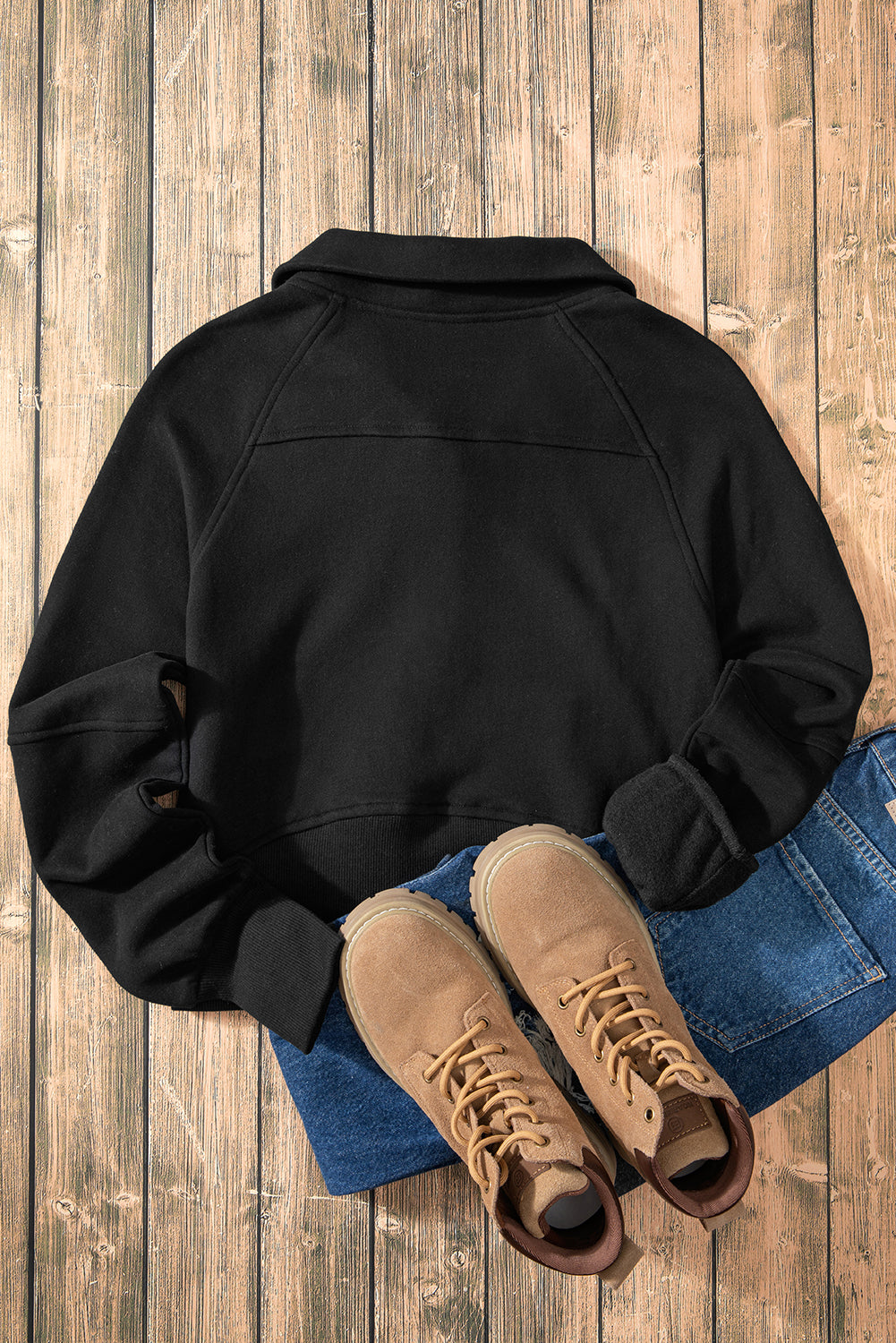 Black Fleece Lined Zip Up Stand Collar Thumbhole Sleeve Sweatshirt