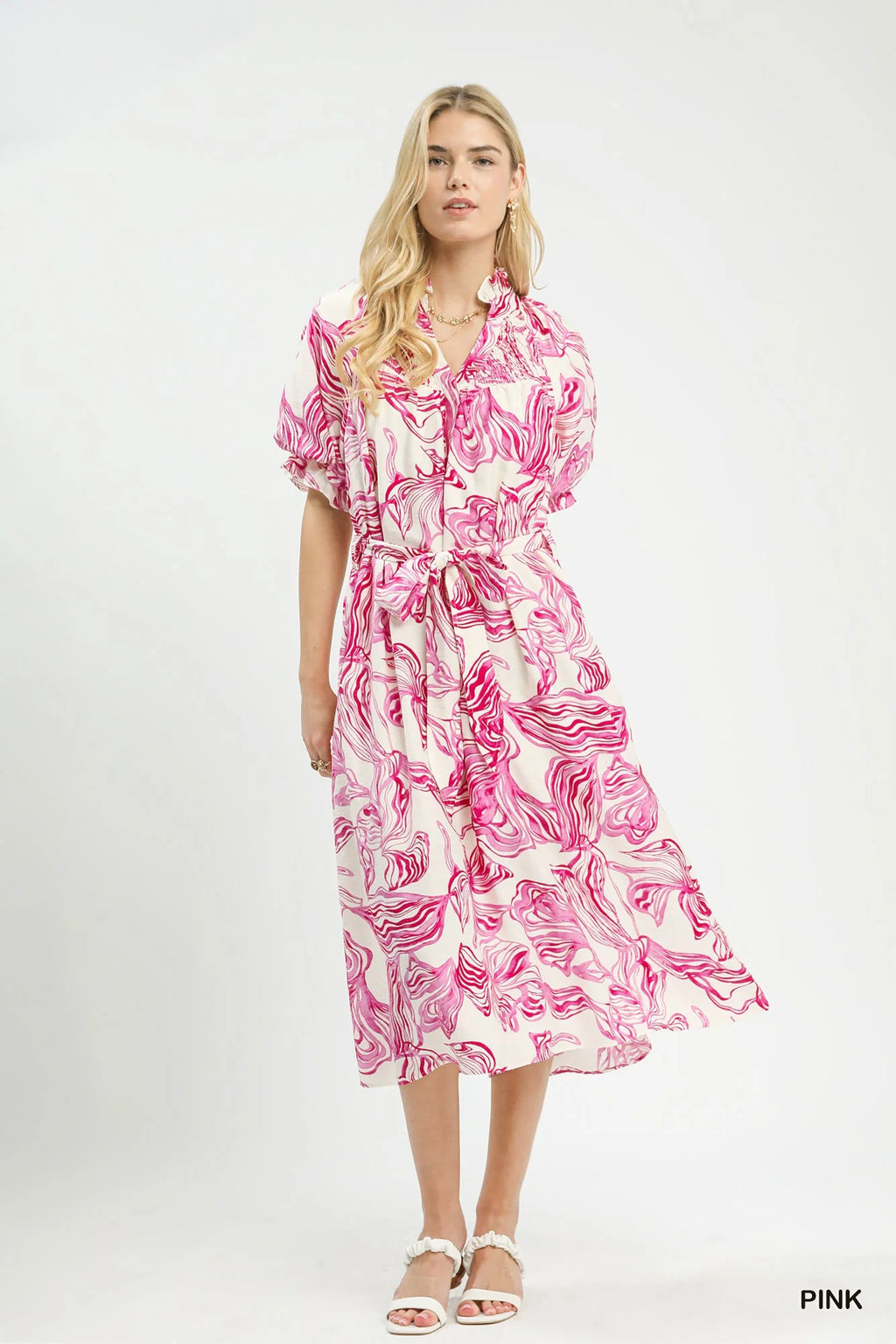 Umgee Abstract Print Smocked Tie Waist Midi Dress-4