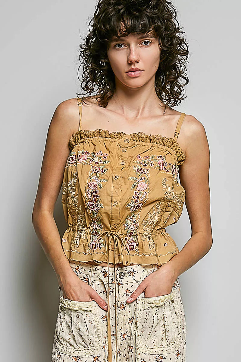POL Button Down Floral Embroidered Cropped Cami with Lace Detail-0