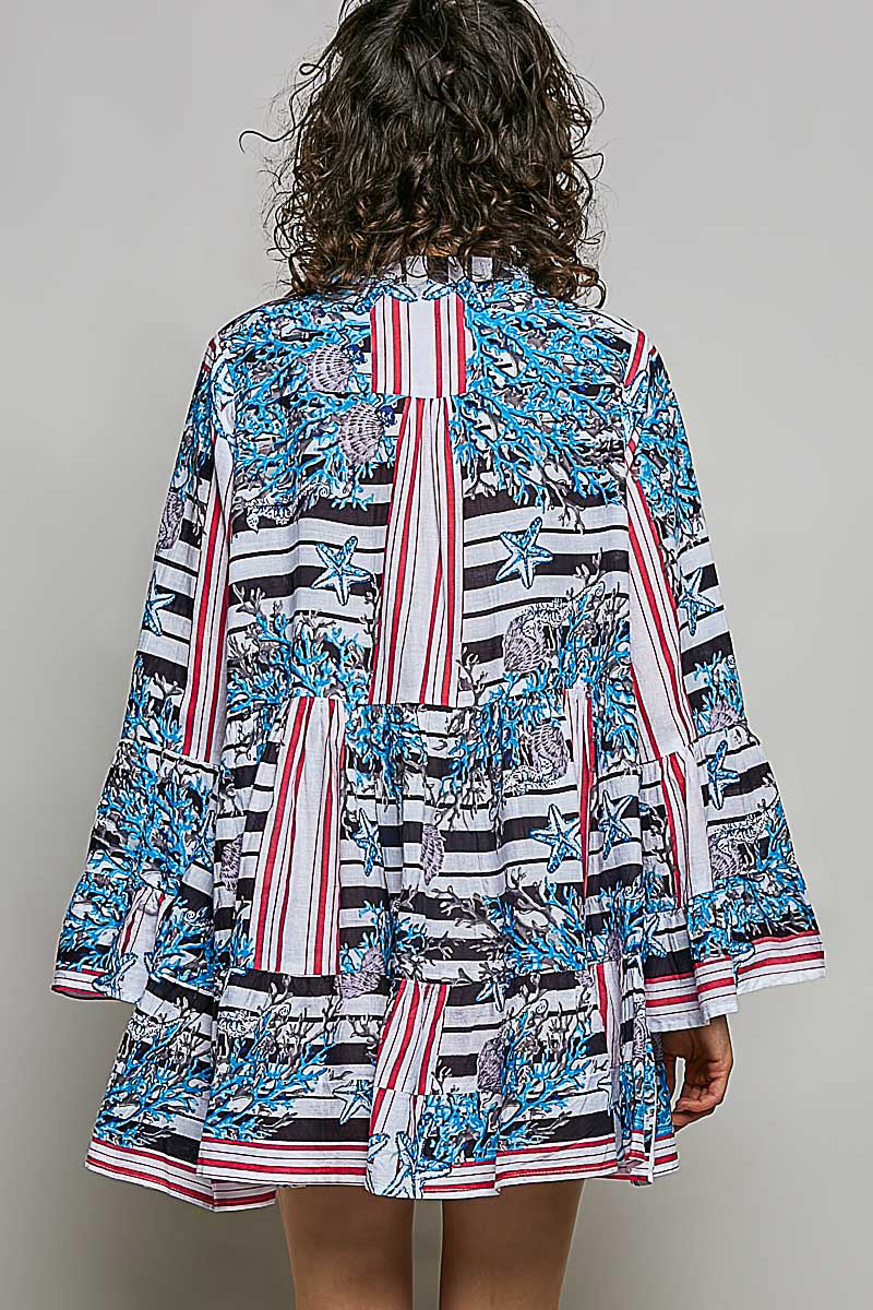 POL Striped Floral Long Sleeve Mini Dress with Pintuck Detail-4
