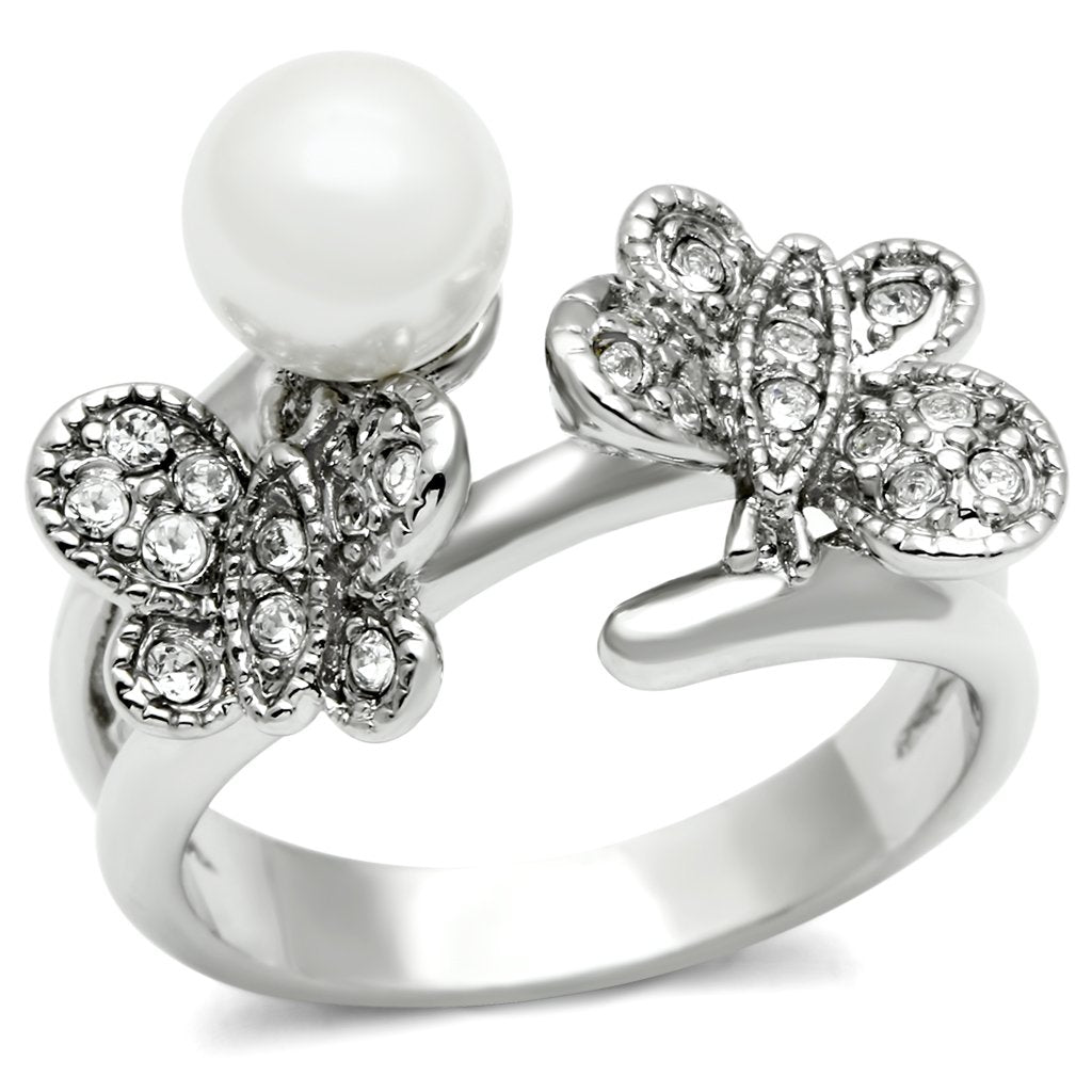 3W223 - Rhodium Brass Ring with Synthetic Pearl in White-0
