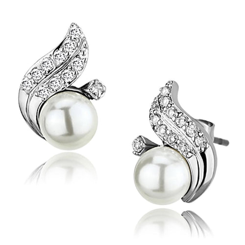 3W365 - Rhodium Brass Earrings with Synthetic Pearl in White-0